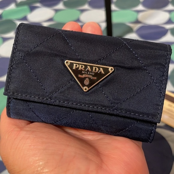 PRADA Key holder Blue Black Silver Women M222 Authentic  Prada Midnight Blue Nylon Quilted Key Holder